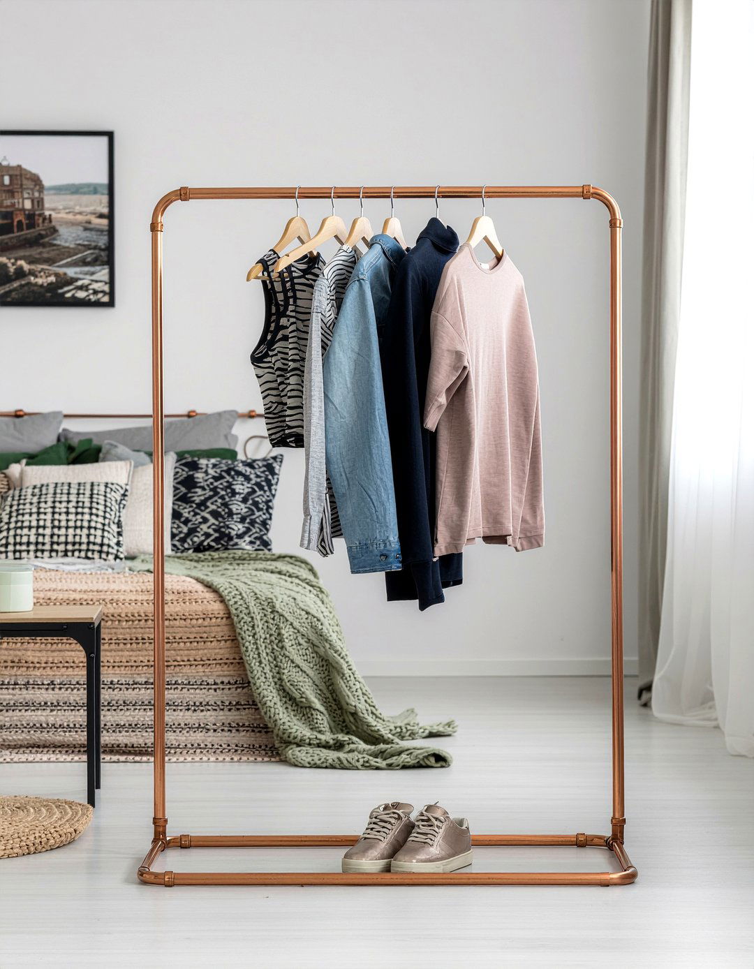 Copper pipe clothing rack - 30 DIY bedroom decor ideas