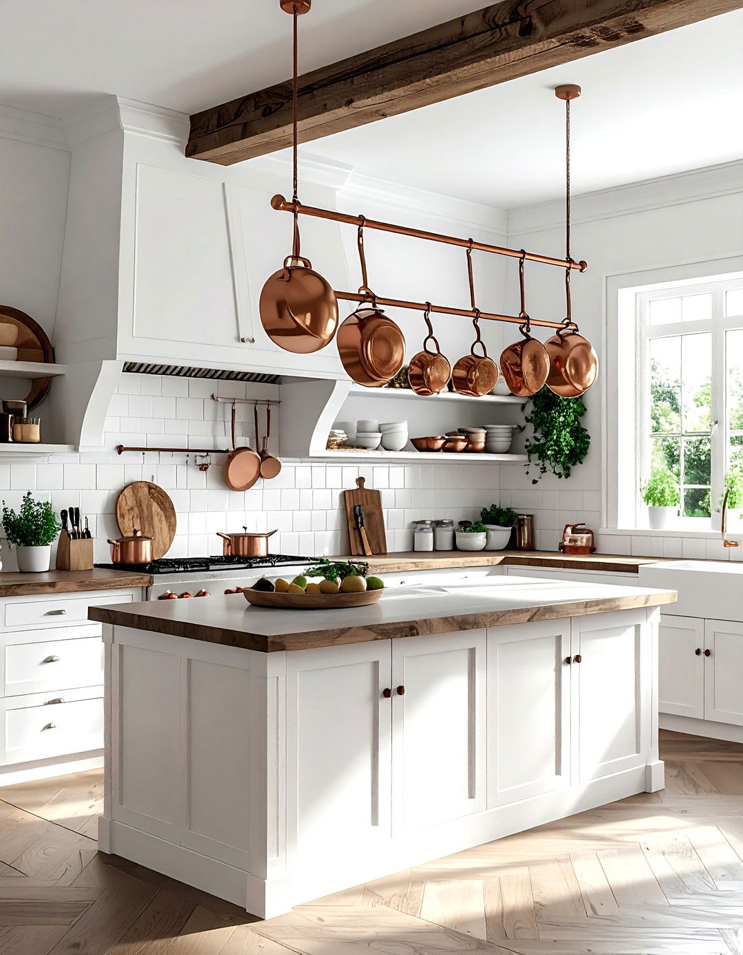 Copper pot rack - 30 cottage kitchen ideas