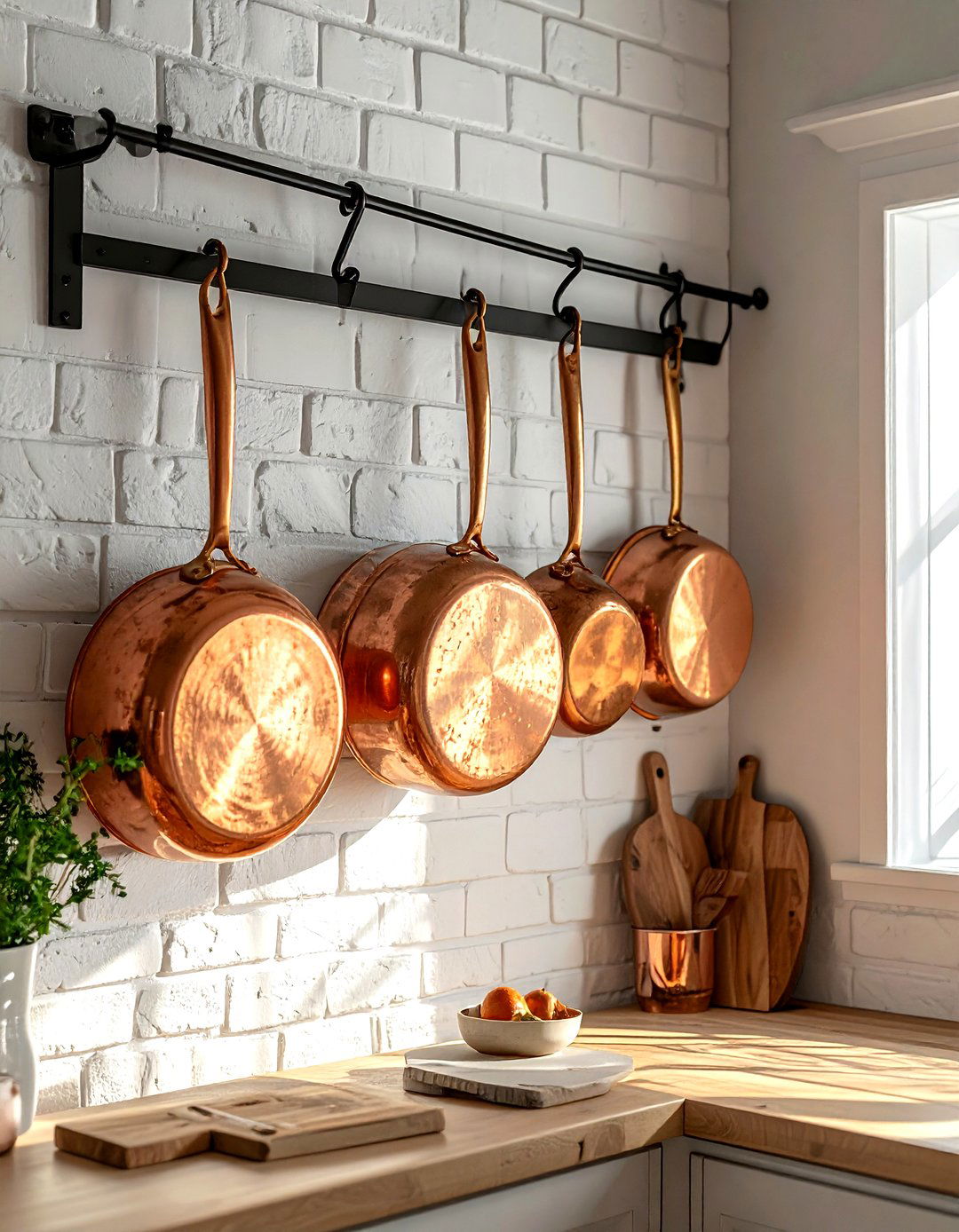 Copper pots hanging in kitchen - 30 kitchen warm settings