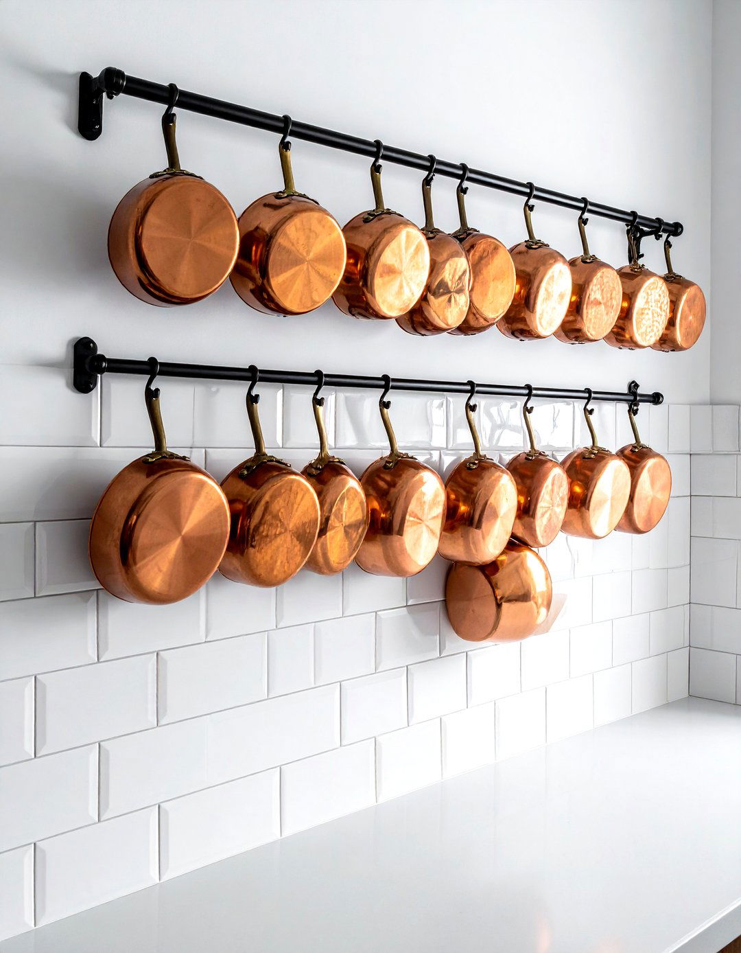 Copper pots on pot rack - 30 kitchen texture layering ideas