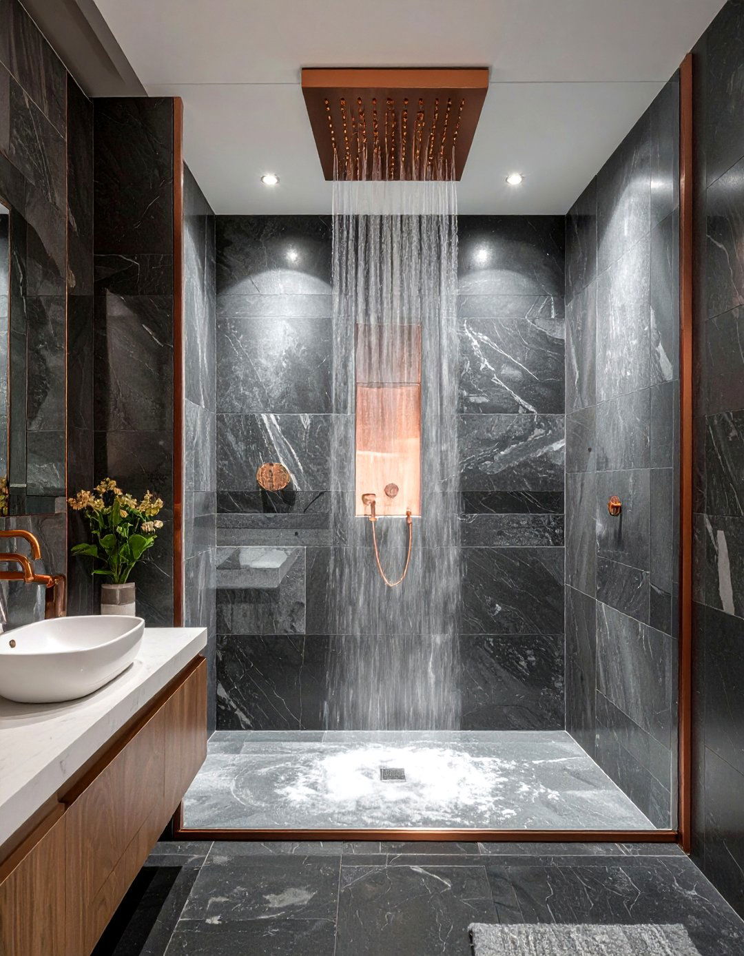 Copper shower head - 30 copper detail bathroom ideas