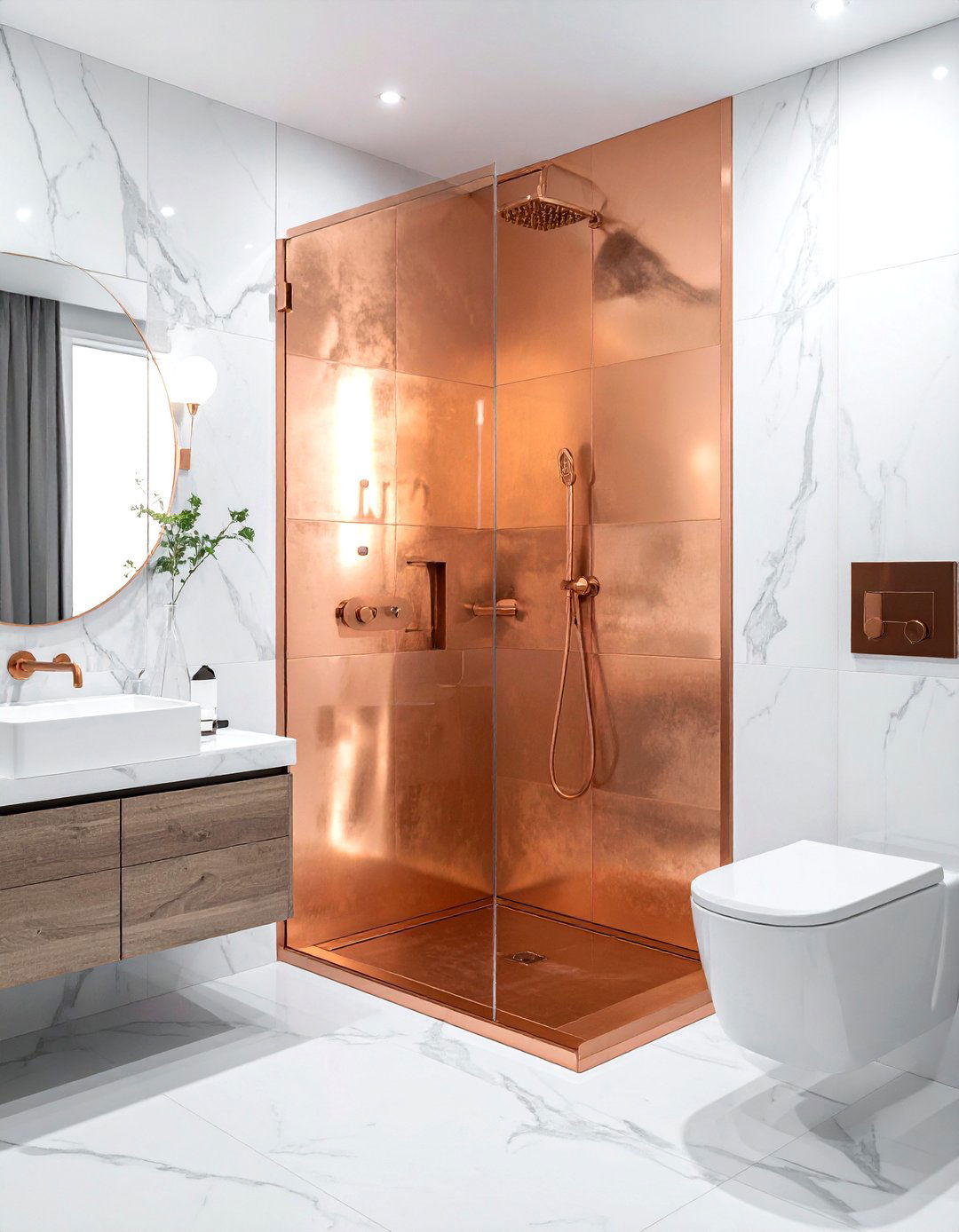 Copper shower niche trim - 30 copper detail bathroom ideas