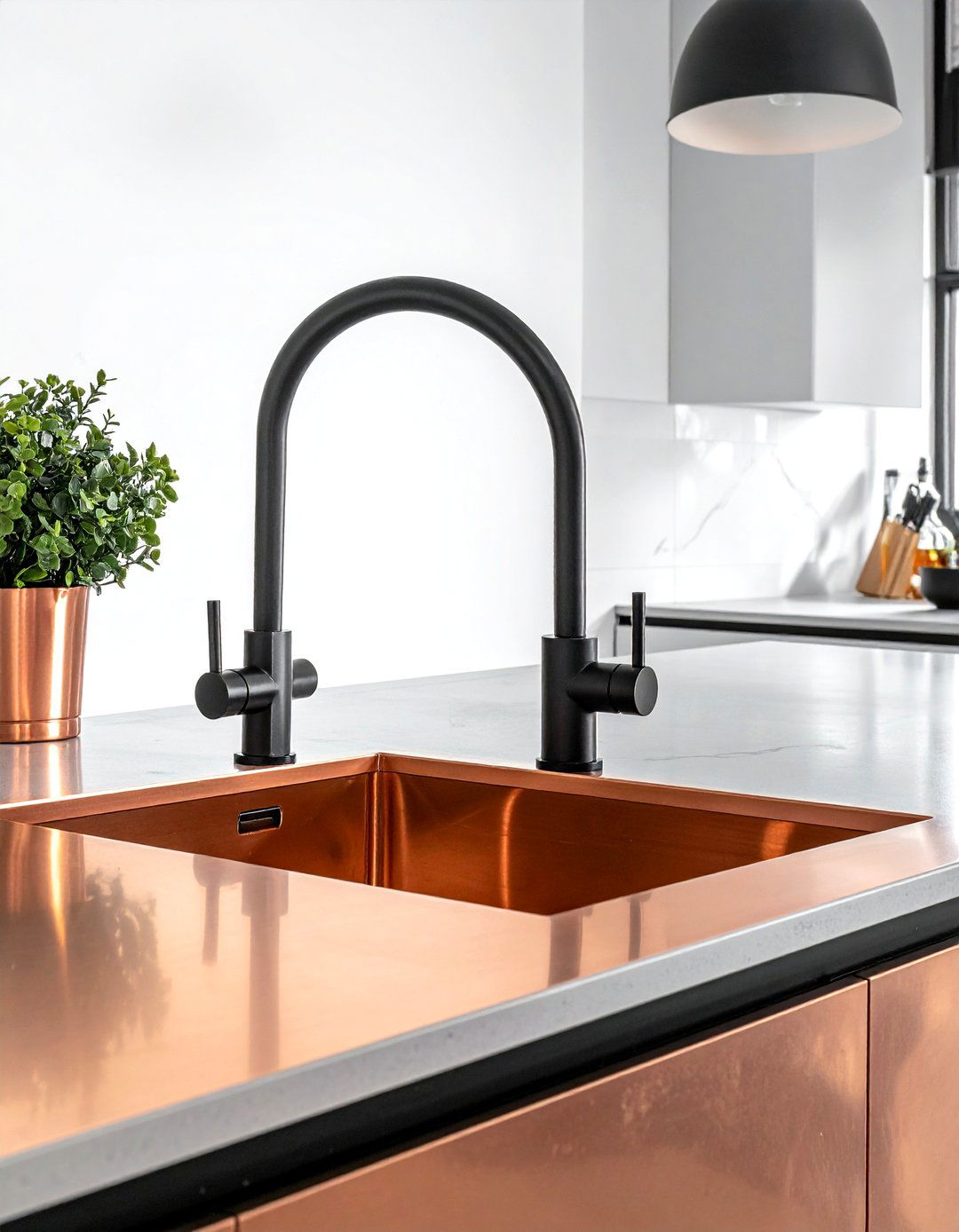 Copper sink with matte black faucet - 30 copper sink kitchen ideas