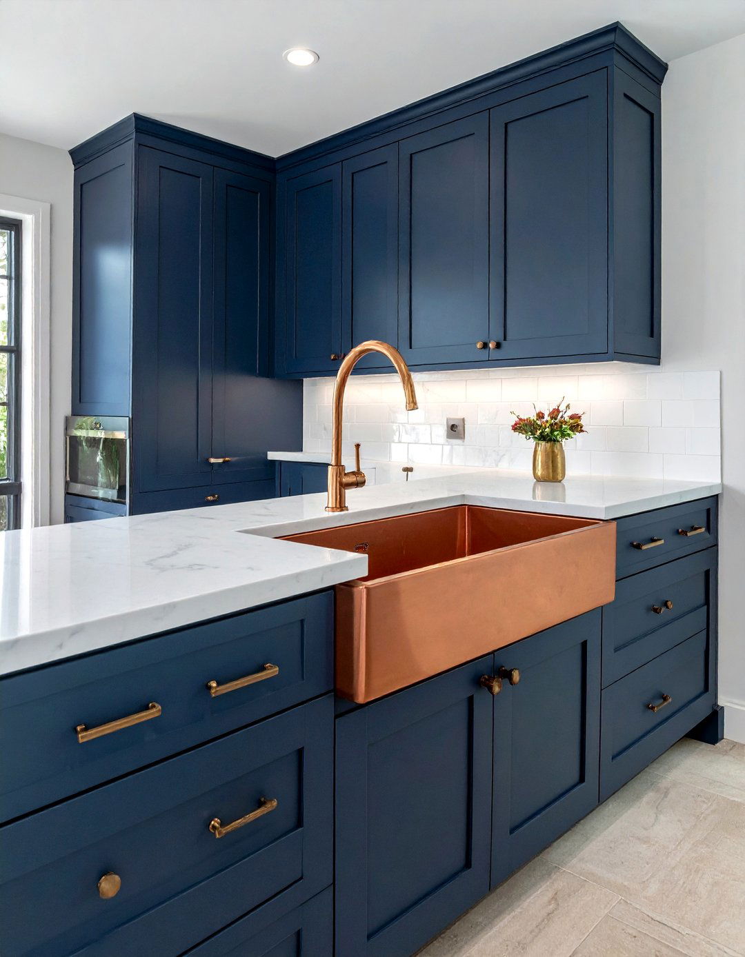 Copper sink with navy cabinets - 30 copper sink kitchen ideas