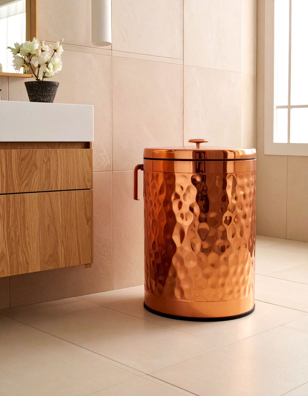 Copper trash can - 30 copper detail bathroom ideas