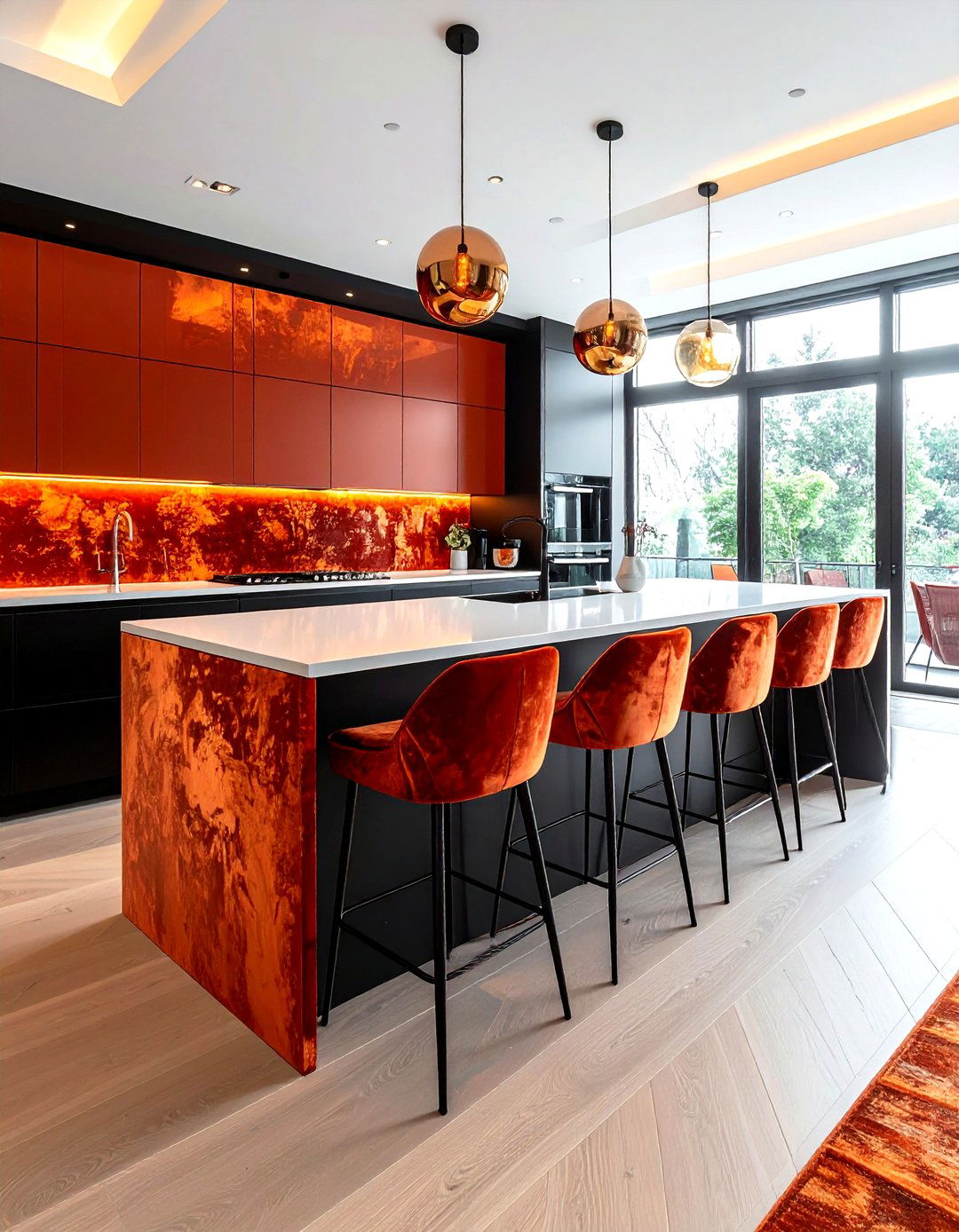 Copper velvet fabric for modern kitchen island - 30 velvet kitchen ideas