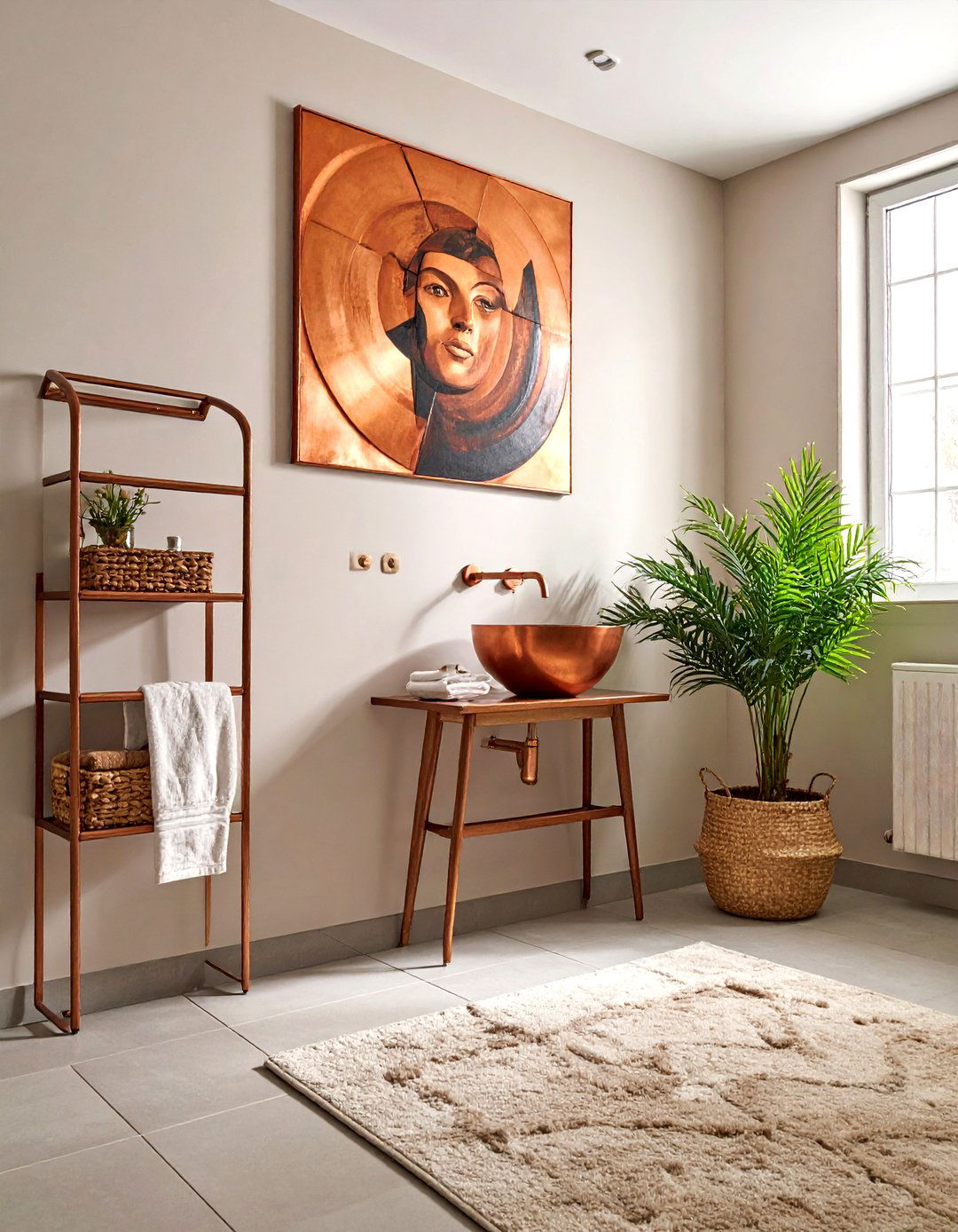 Copper wall art - 30 copper detail bathroom ideas
