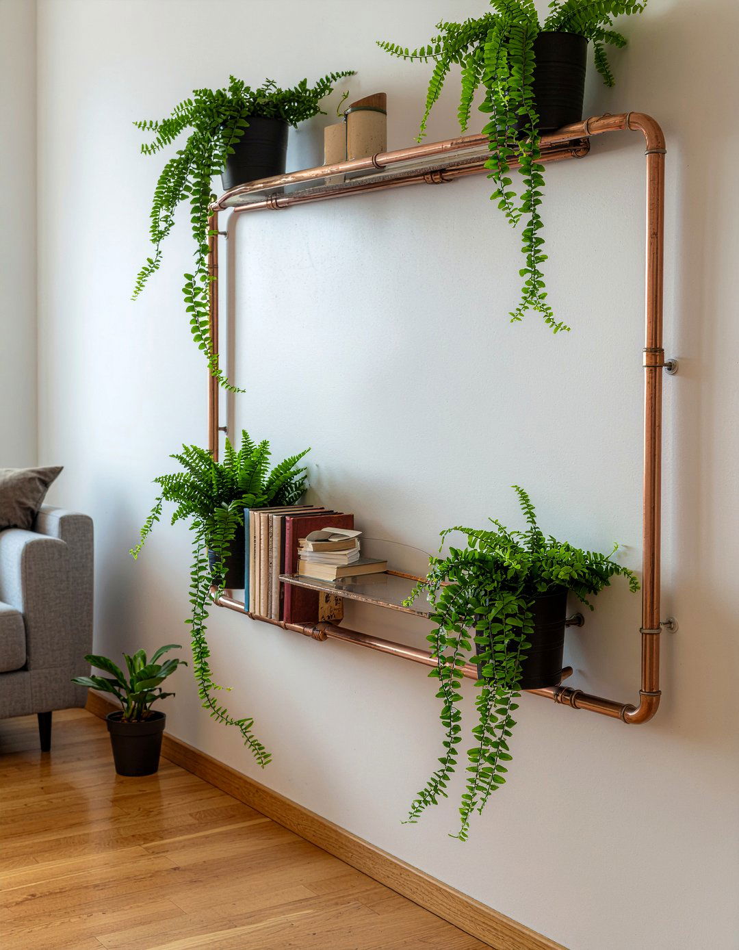 Copper wall shelving - 30 copper accent living room ideas