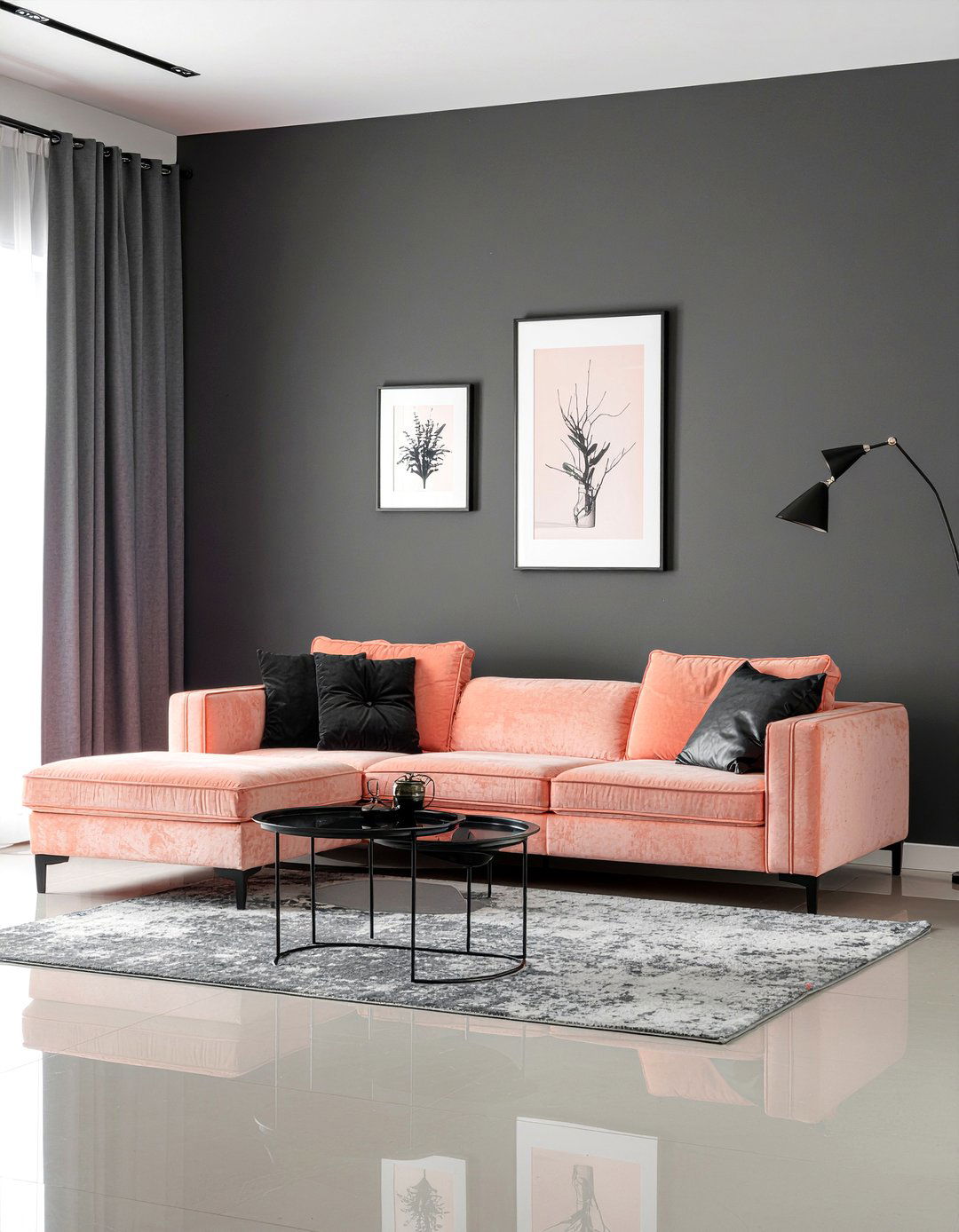 Coral and black - 30 coral living room ideas
