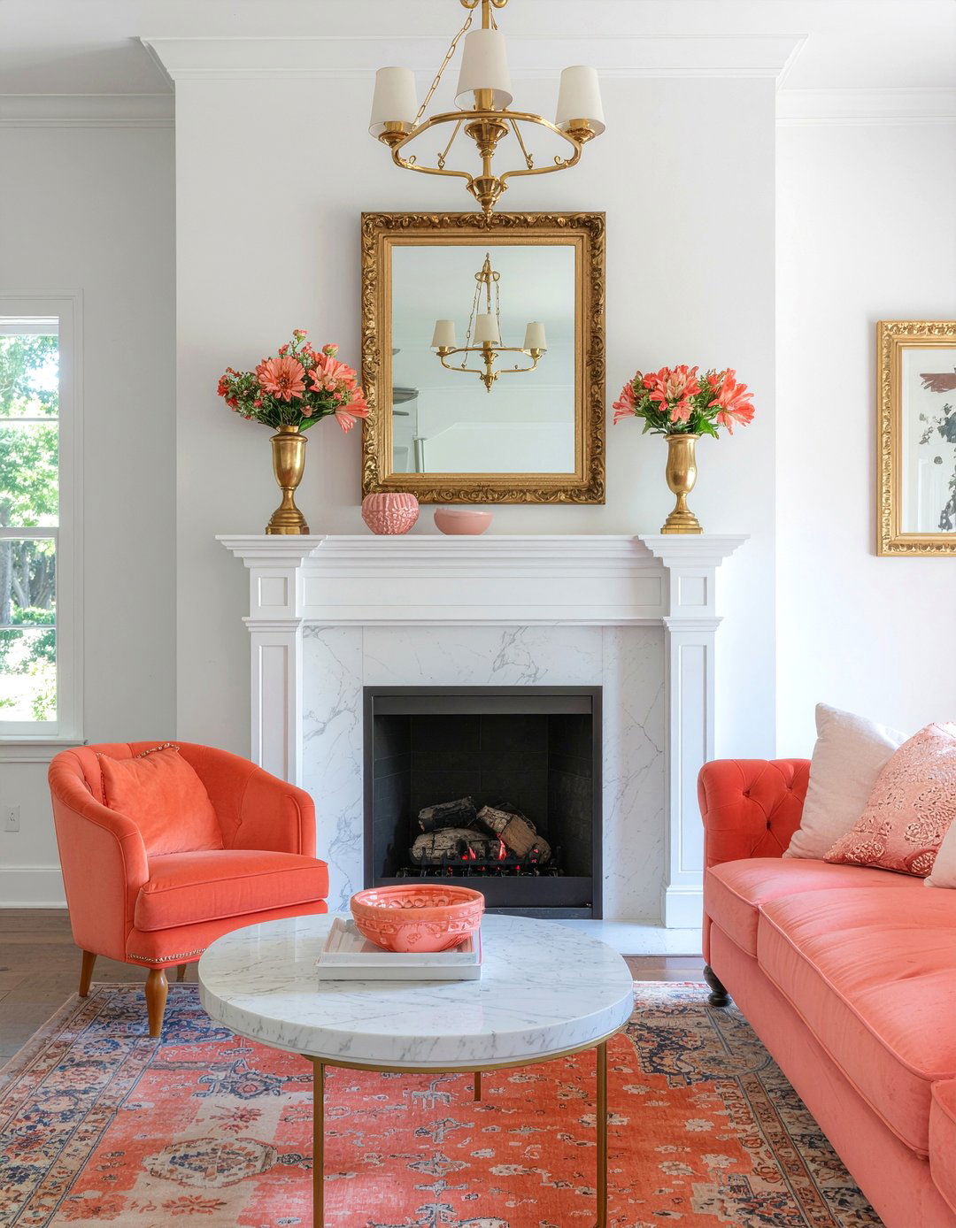 Coral and brass - 30 coral living room ideas
