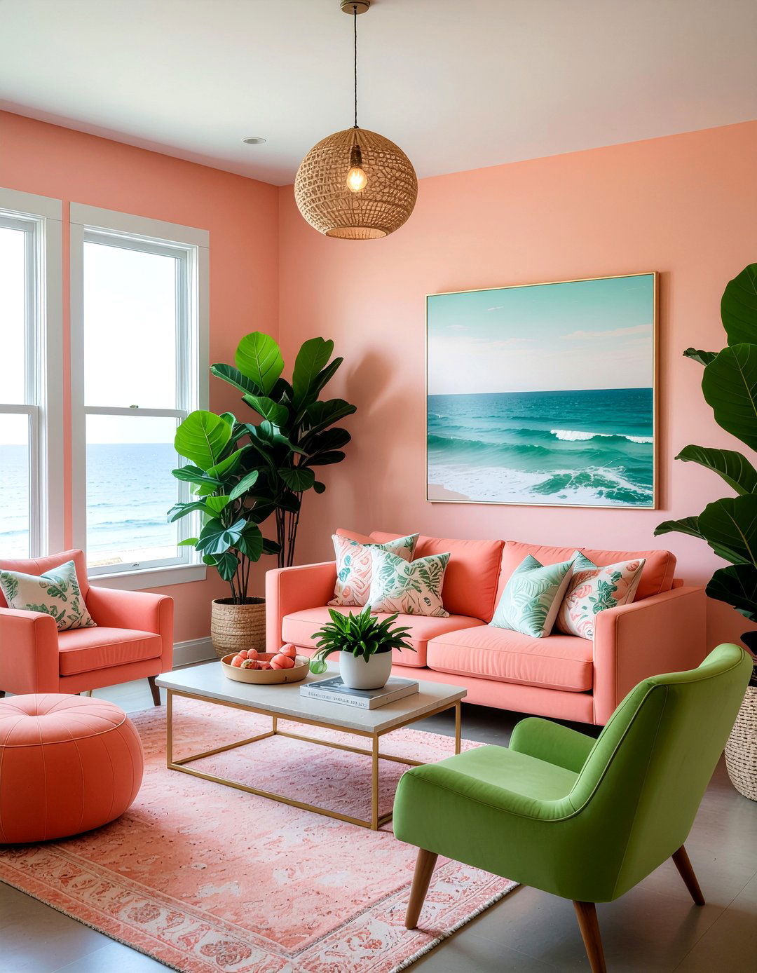 Coral and green - 30 coral living room ideas