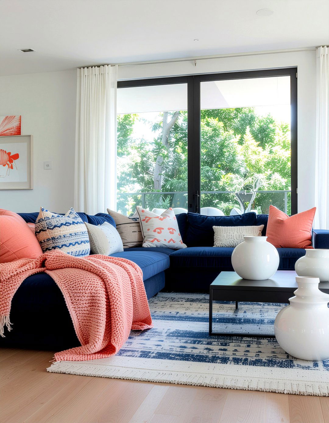 Coral and navy blue - 30 coral living room ideas