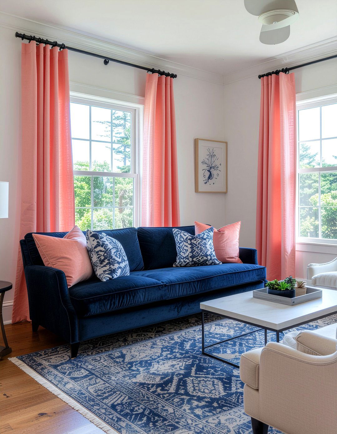 Coral and navy living room - 30 colorful living room ideas