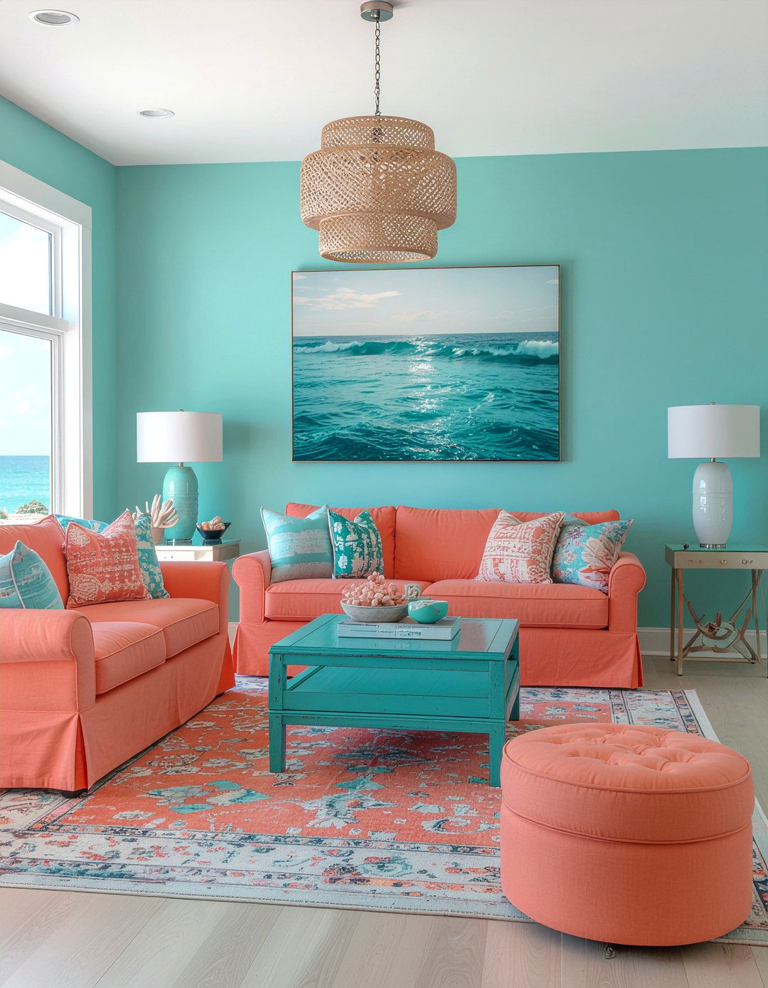 Coral and turquoise - 30 coral living room ideas