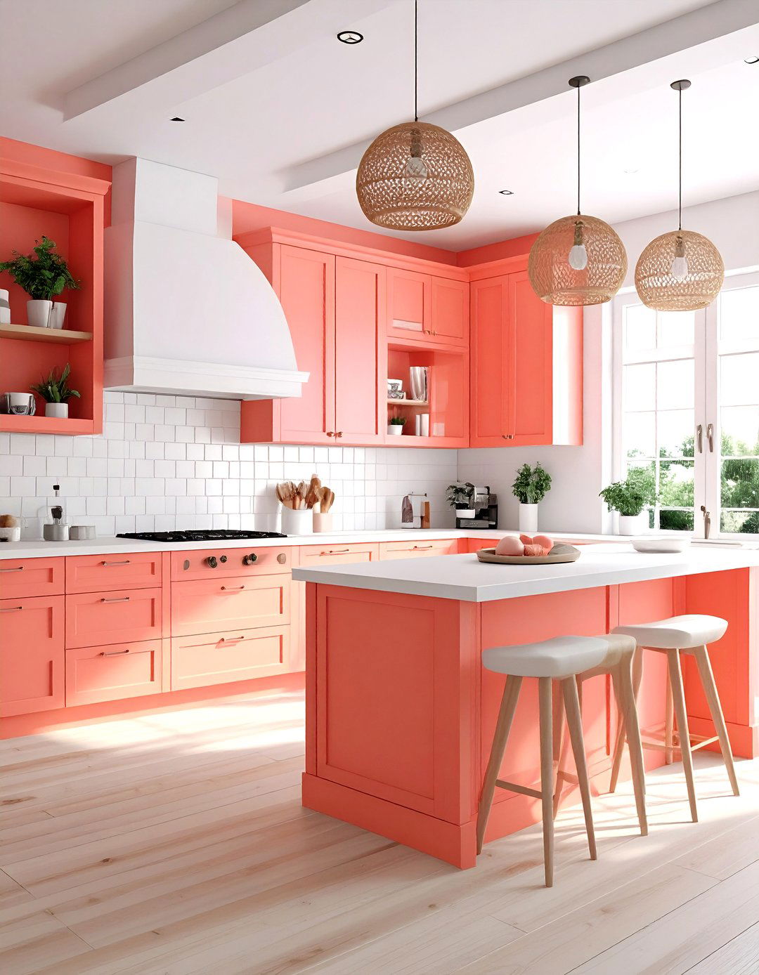Coral and white kitchen - 30 pink kitchen color schemes
