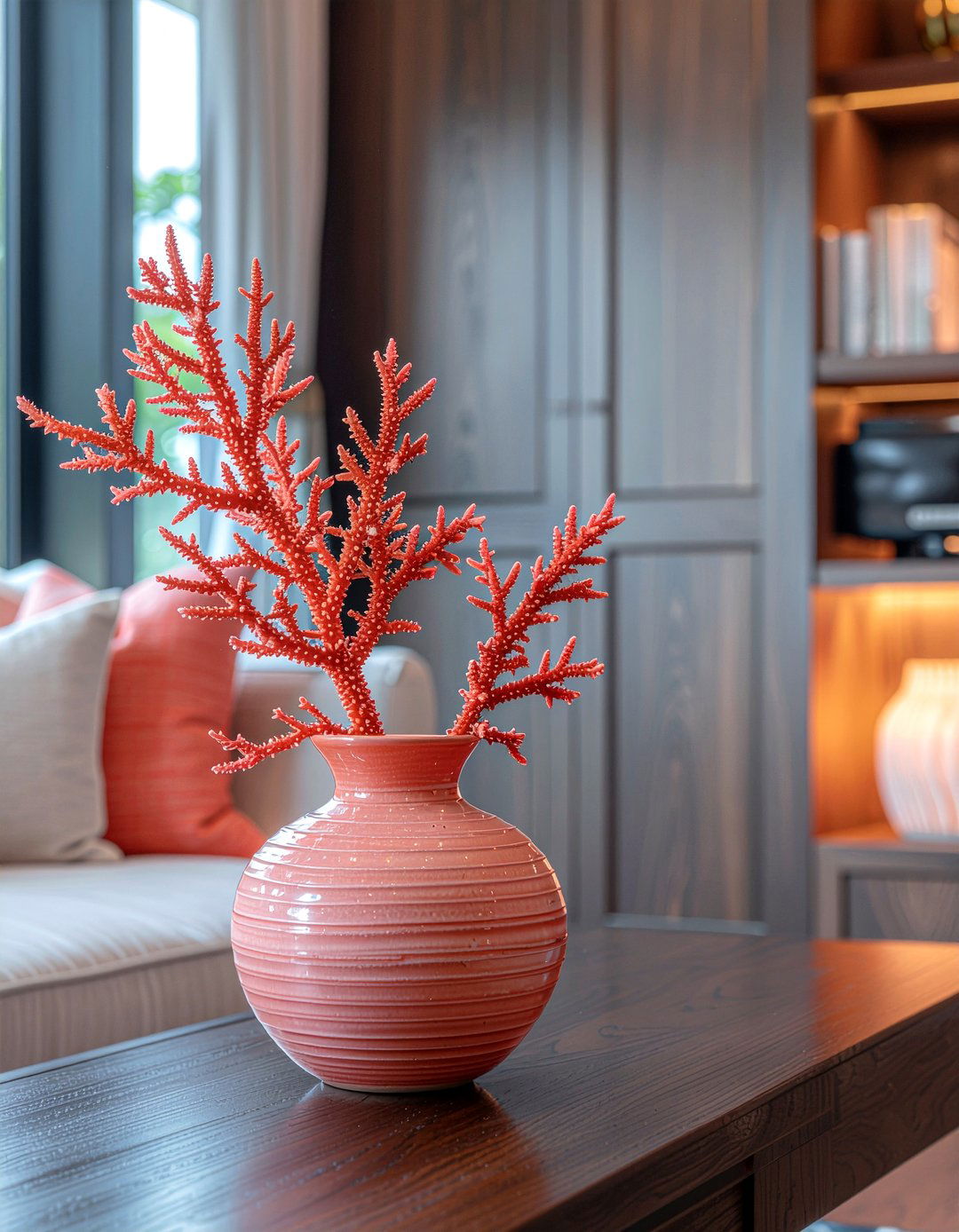 Coral and wood - 30 coral living room ideas
