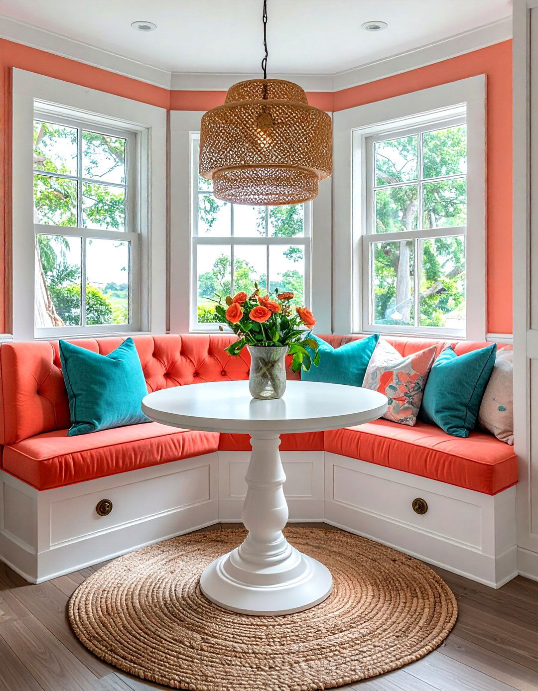 Coral breakfast nook - 30 coral decor ideas