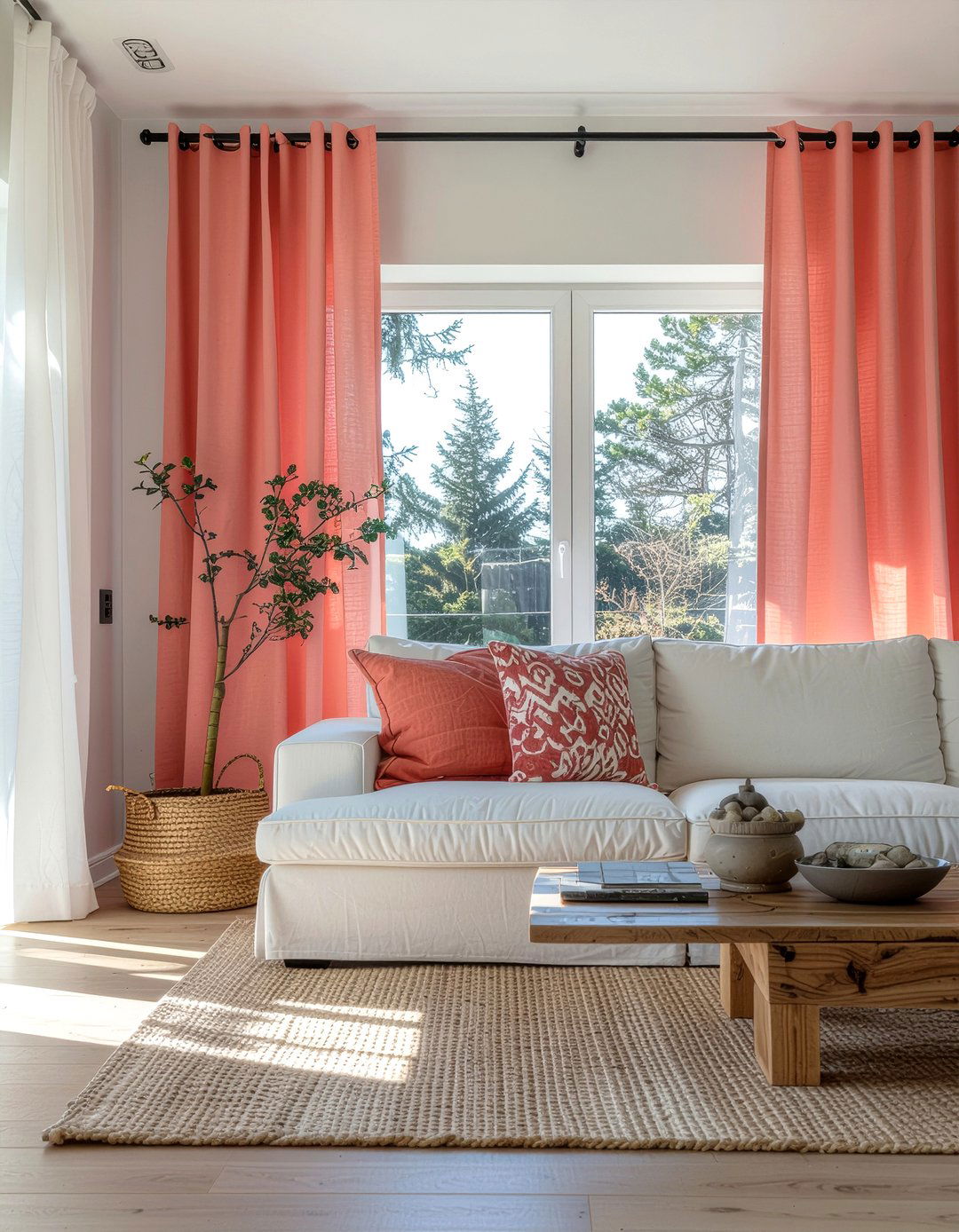 Coral curtains - 30 coral living room ideas