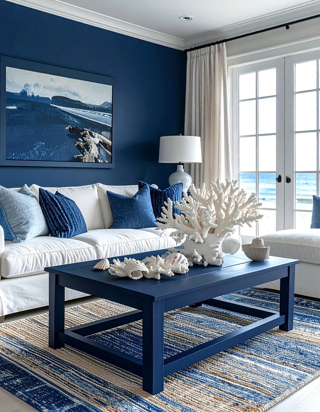 Coral decor accents - 30 coastal navy living room ideas