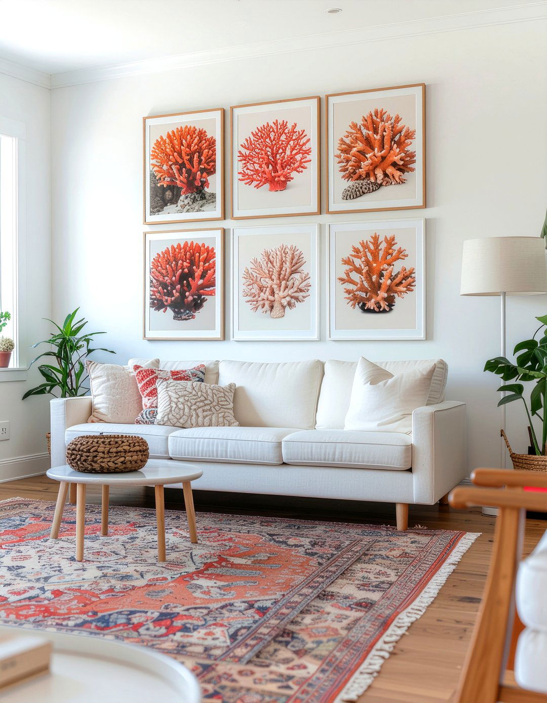 Coral gallery wall - 30 coral living room ideas