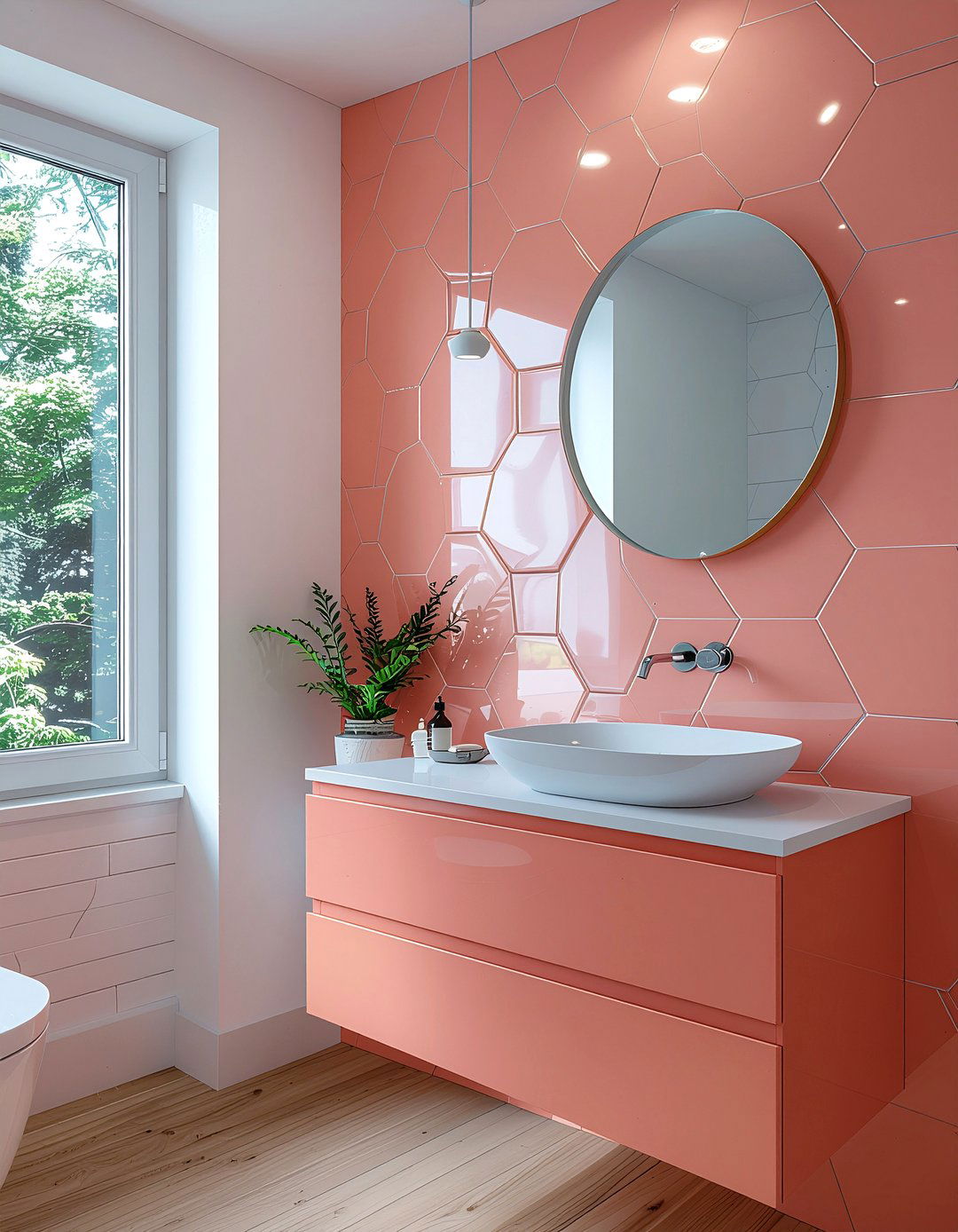 Coral geometric tile bathroom - 30 coral bathroom ideas