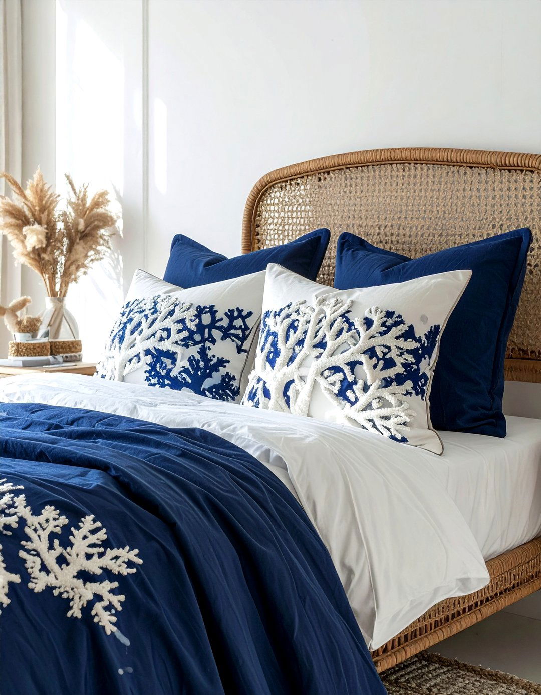 Coral motif pillows navy bedding - 30 coastal navy bedroom ideas