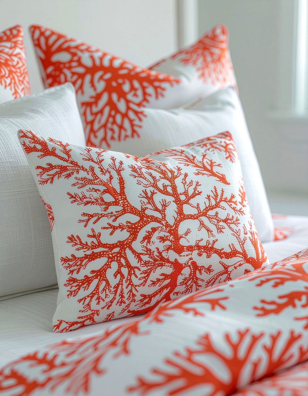Coral print pillow - 30 nautical bedroom ideas