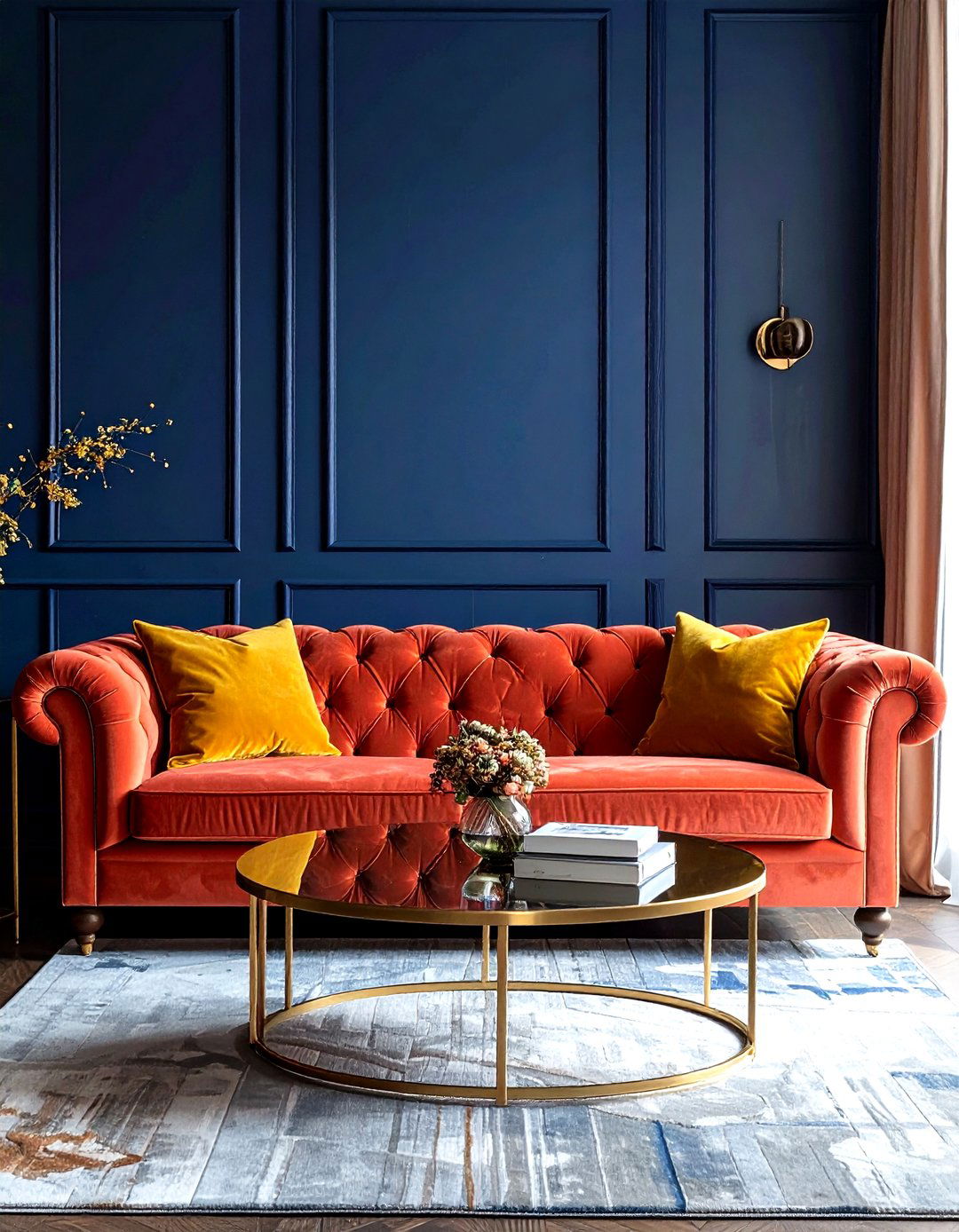 Coral velvet sofa - 30 coral decor ideas