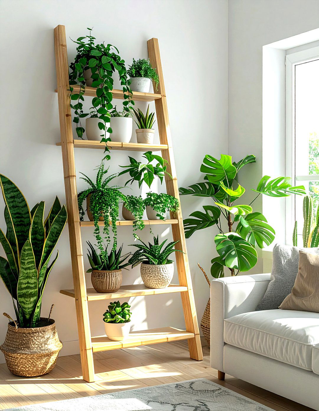 Corner Ladder Plant Shelf - 30 living room plant shelves