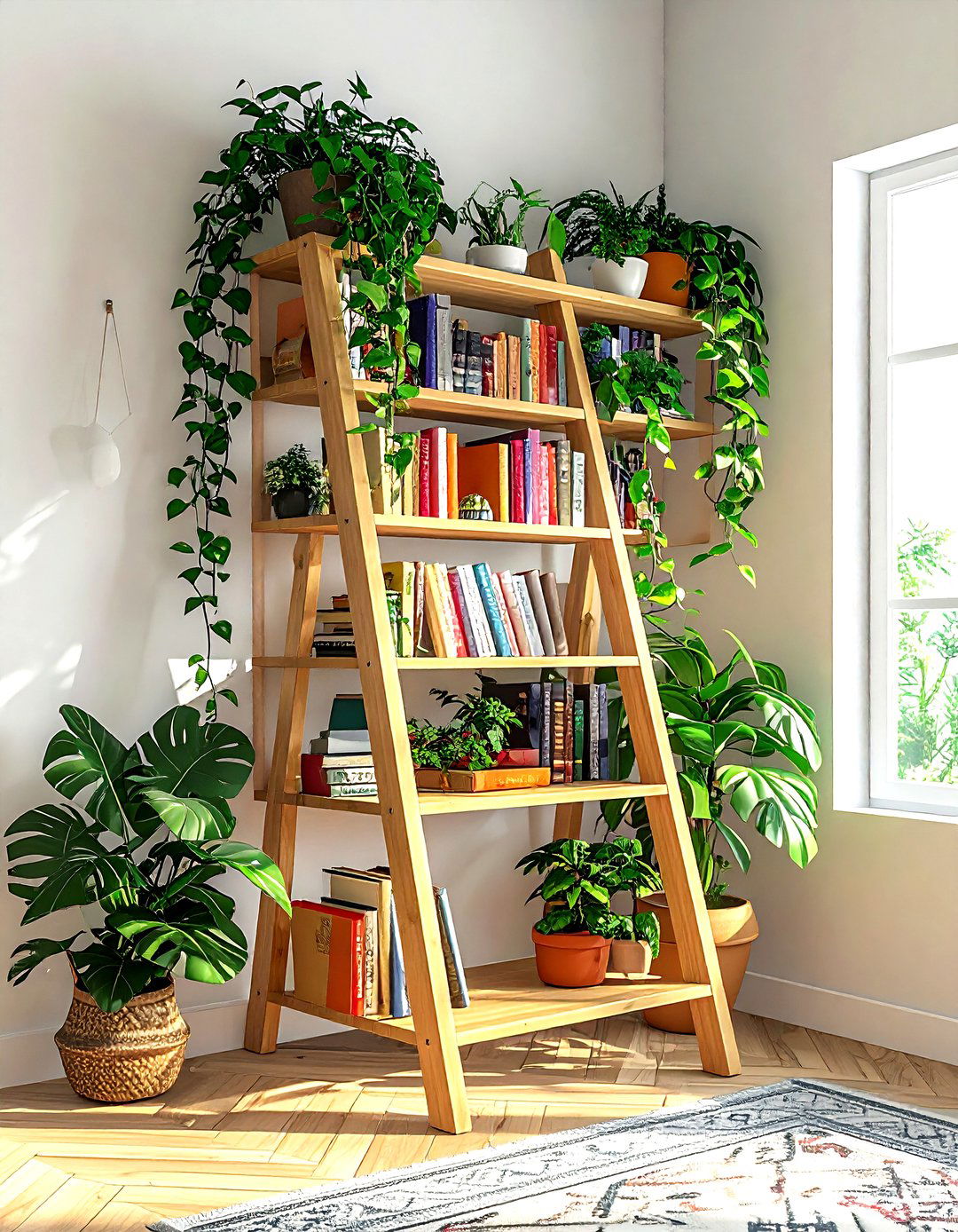Corner Ladder Shelf - 30 living room corner storage ideas