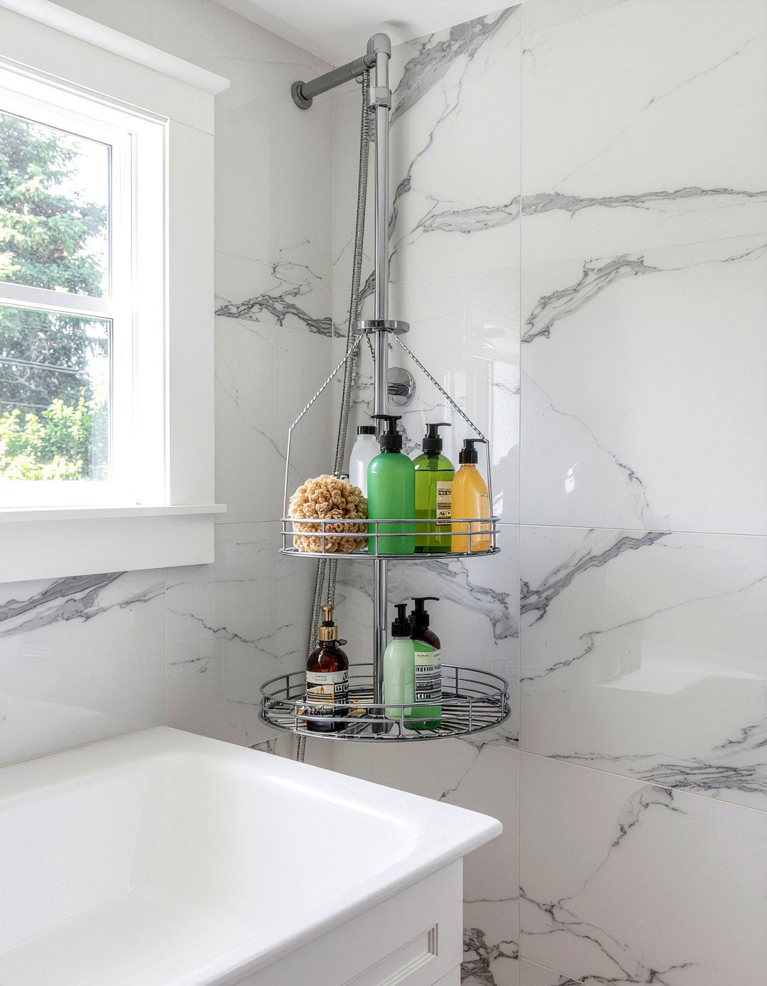 Corner Tension Pole Caddy - 30 bathroom corner storage ideas