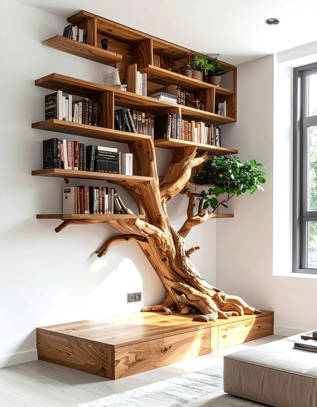 Corner Tree Bookshelf - 30 living room corner storage ideas