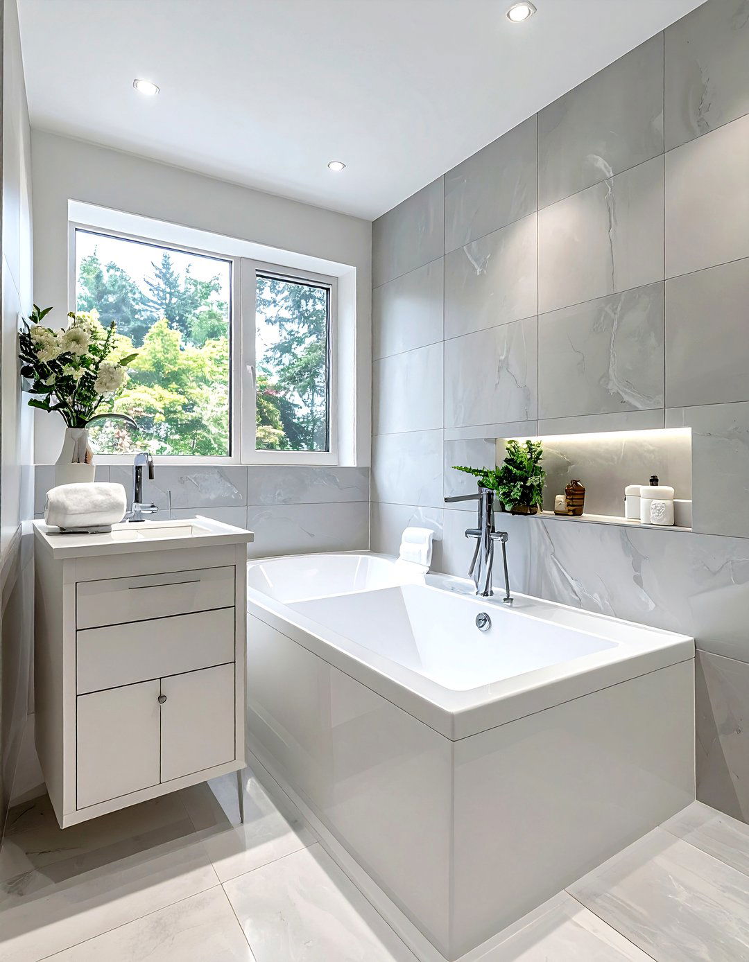 Corner bathtub with adjacent vanity - 30 bathroom furniture arrangement