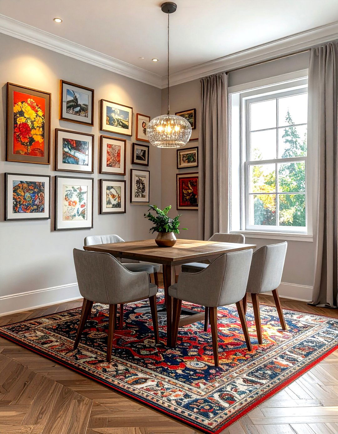 Corner dining area with gallery wall - 30 dining room furniture arrangement