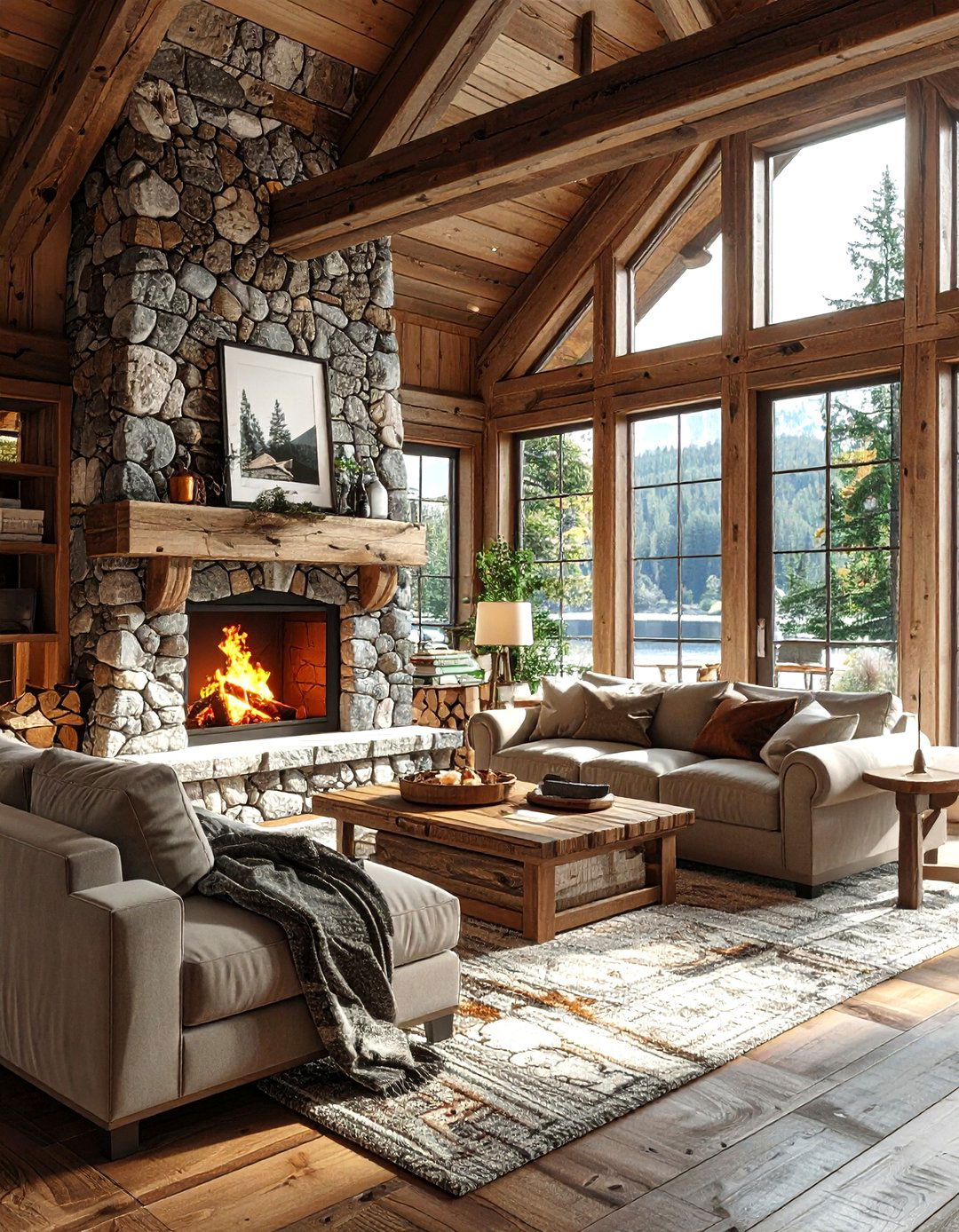 Corner stone fireplace living room - 30 living room lake house furniture ideas