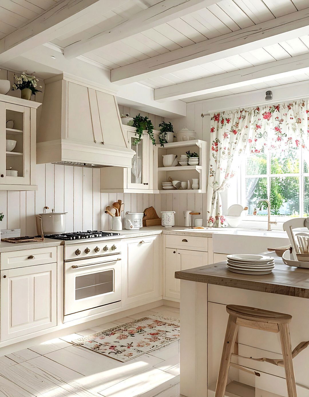 Cottage Style Cream Kitchen White Wood Beams - 30 cream and white kitchen ideas