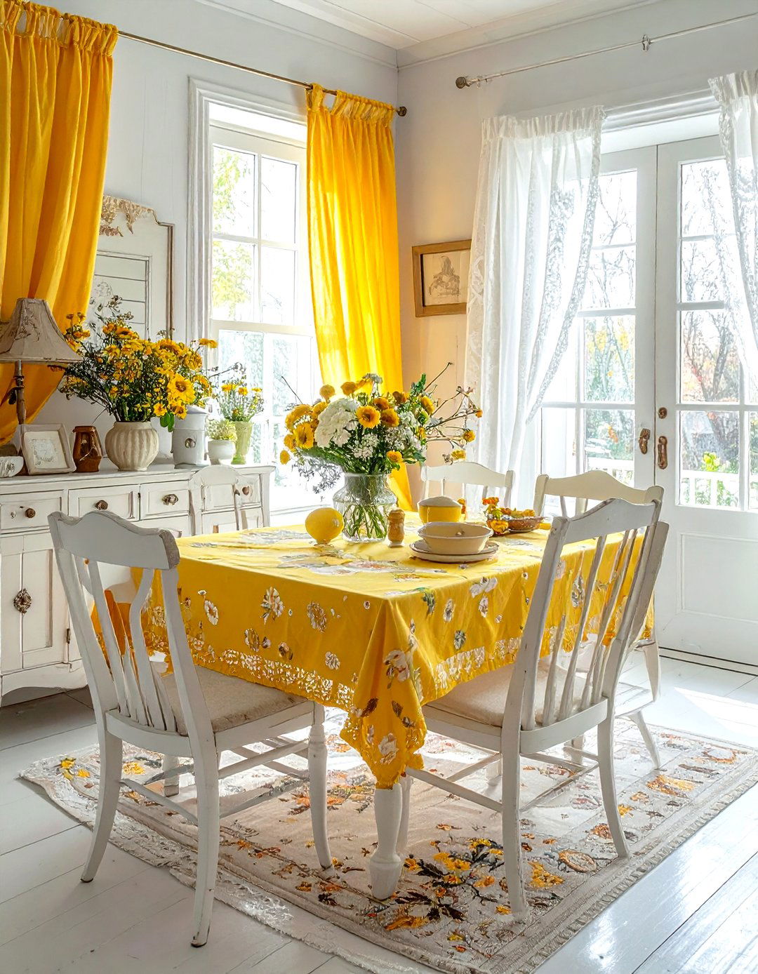 Cottagecore yellow and white dining room - 30 yellow and white dining room ideas