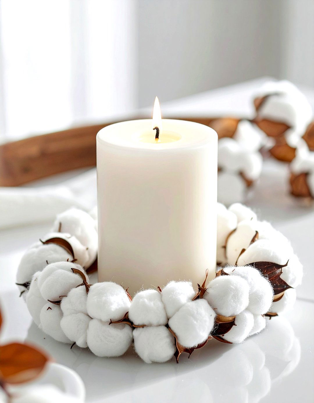 Cotton Boll Candle Ring - 30 cotton decor ideas