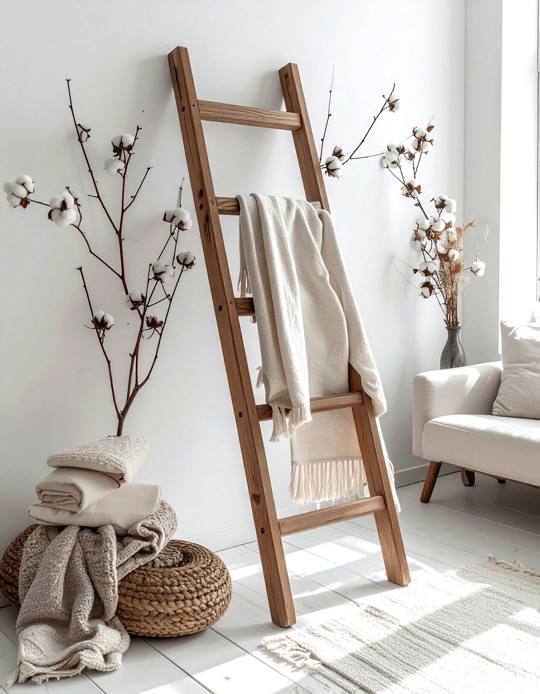 Cotton Stem Ladder Decor - 30 cotton decor ideas