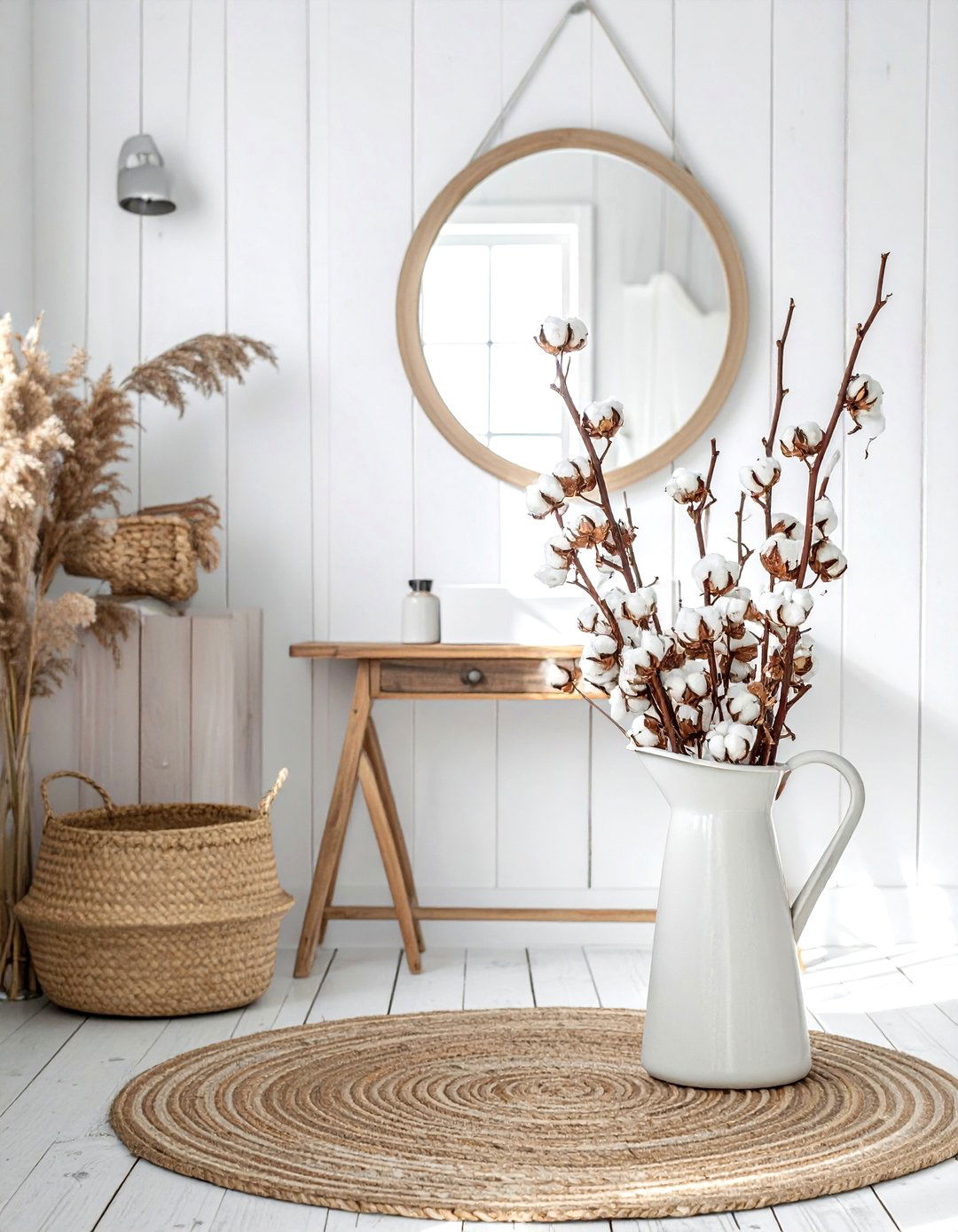 Cotton Stems In Farmhouse Pitcher - 30 bathroom flower arrangement ideas