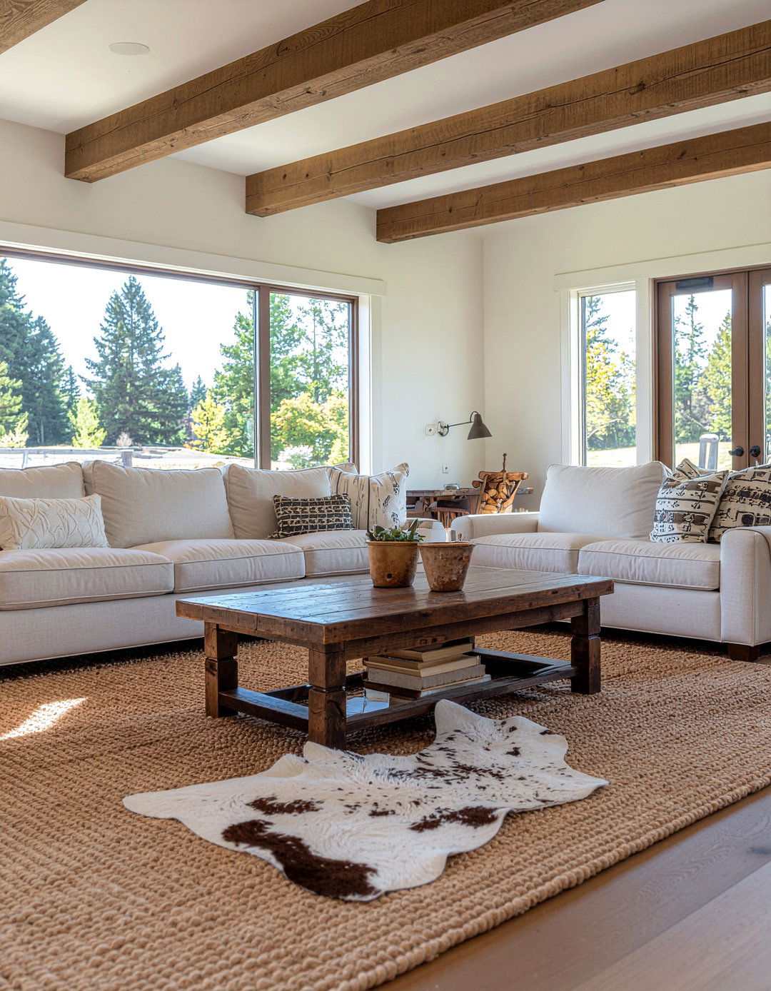 Cowhide Rug Over Sisal - 30 living room rug placement ideas