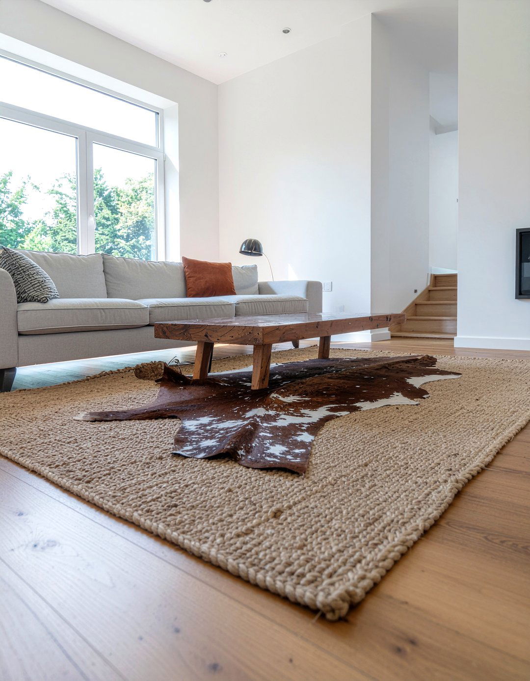 Cowhide over jute rug - 30 living room rug layering ideas