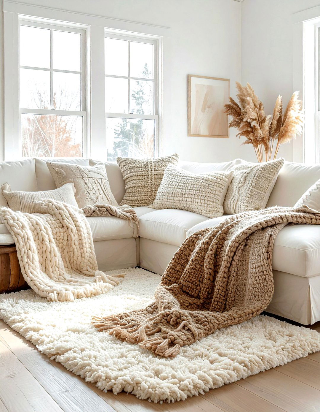 Cozy cream living room chunky knits - 30 farmhouse cream living room ideas