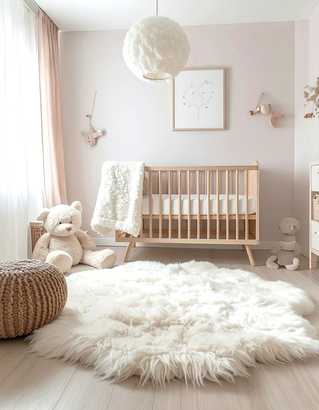 Cozy nursery with sheepskin rug floor - 30 sheepskin rug ideas