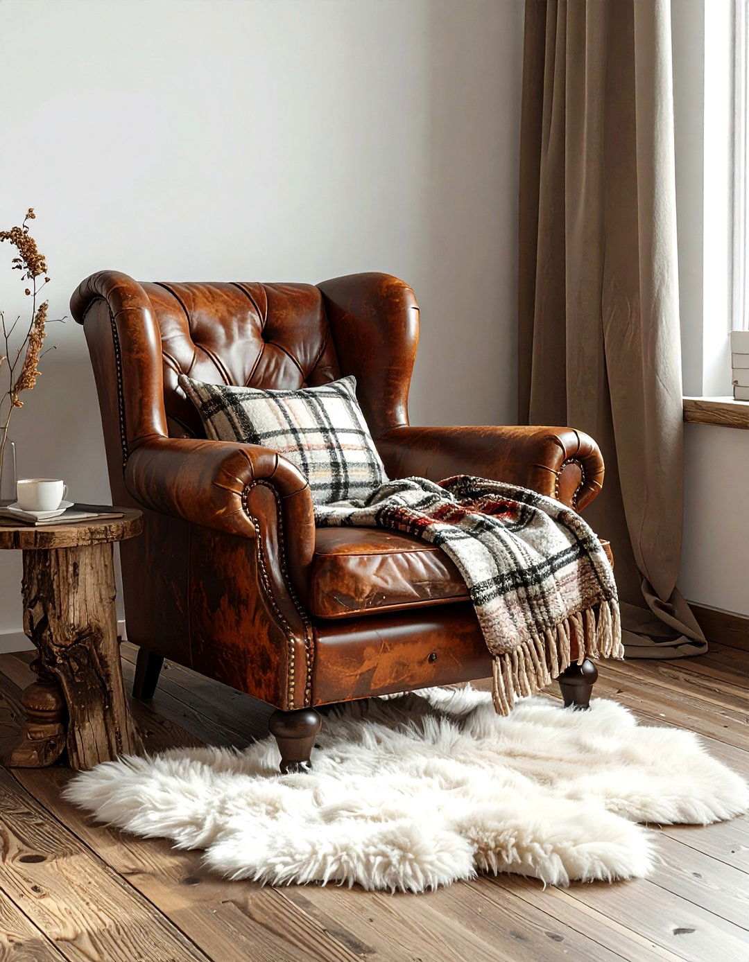 Cozy reading nook with leather armchair - 30 rustic home decor ideas