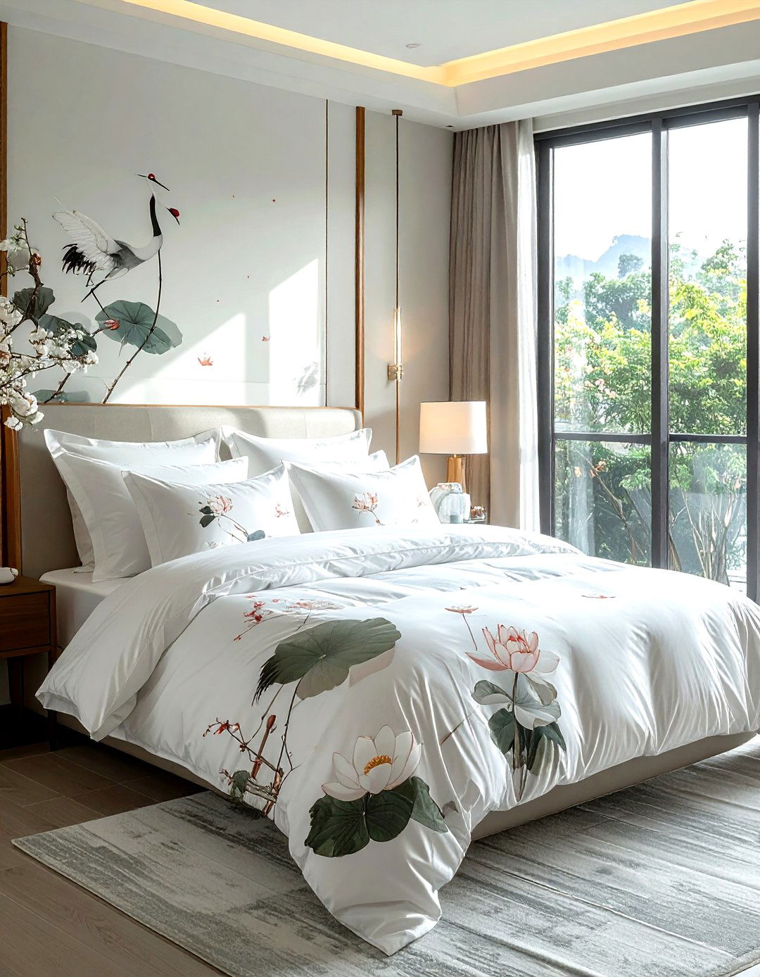 Crane print bedding - 30 chinoiserie decor ideas