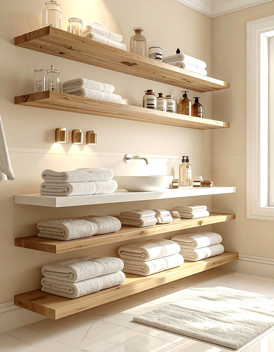 Cream Bathroom Open Shelving - 30 warm cream bathroom ideas