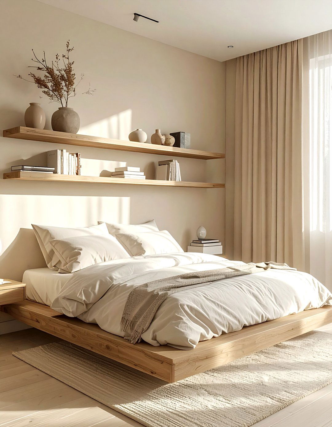 Cream Bedroom With Floating Shelves - 30 scandinavian cream bedroom ideas
