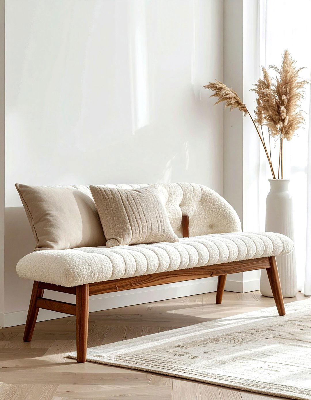 Cream Boucle Bench - 30 cream dining room accessories ideas