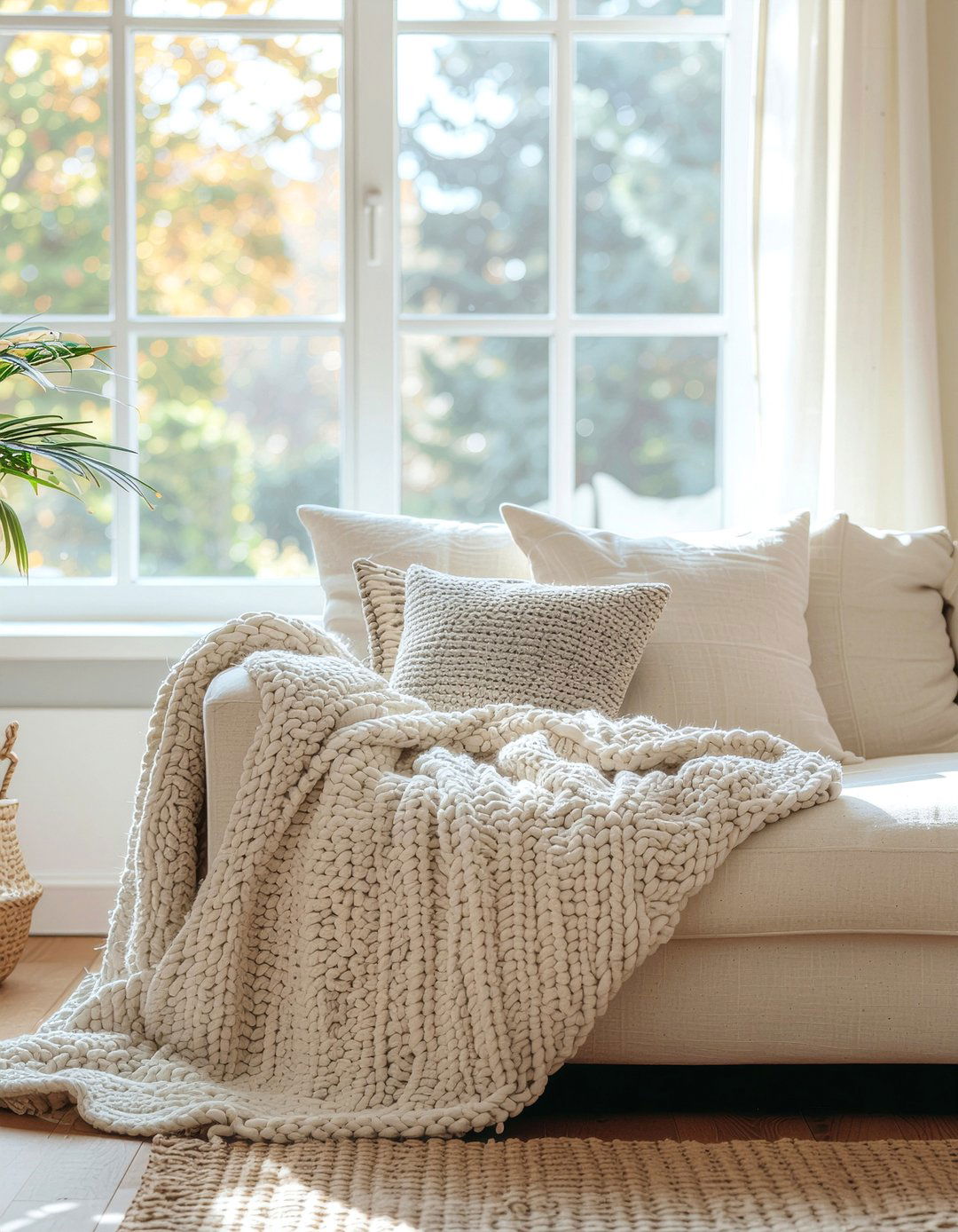 Cream Boucle Sofa - 30 warm minimalist living room ideas